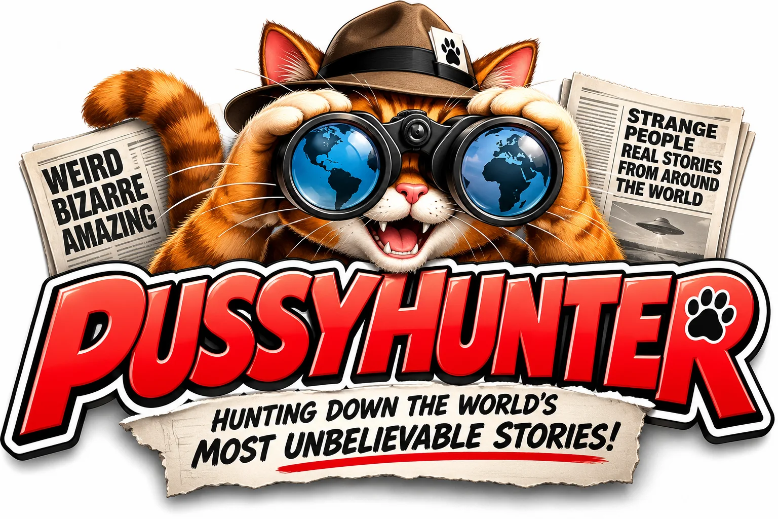 Pussyhunter: cartoon detective cat looking through binoculars