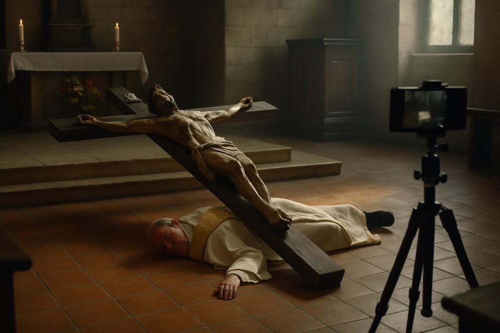 AI-generated photorealistic editorial illustration for: Tragic Mass Moment: Priest Killed by Falling Cross During Livestream in Ecuador